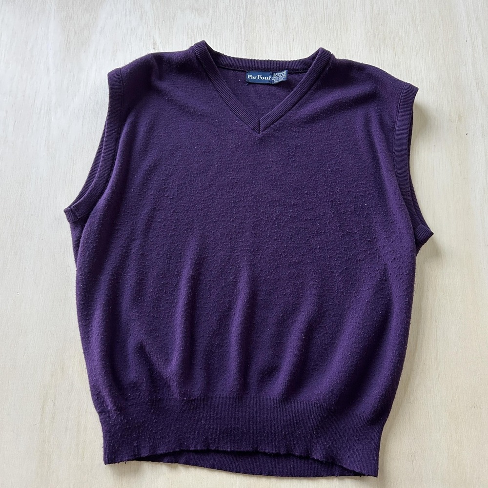 Vintage Par Four Sweater Vest Mens XL Purple V Neck Acrylic Knit Made USA Golf